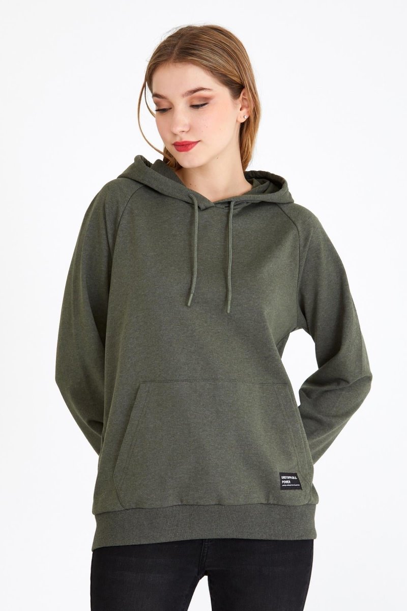 Kadın Haki Renk Kapüşonlu Basic Örme Sweatshirt - MMETALIC
