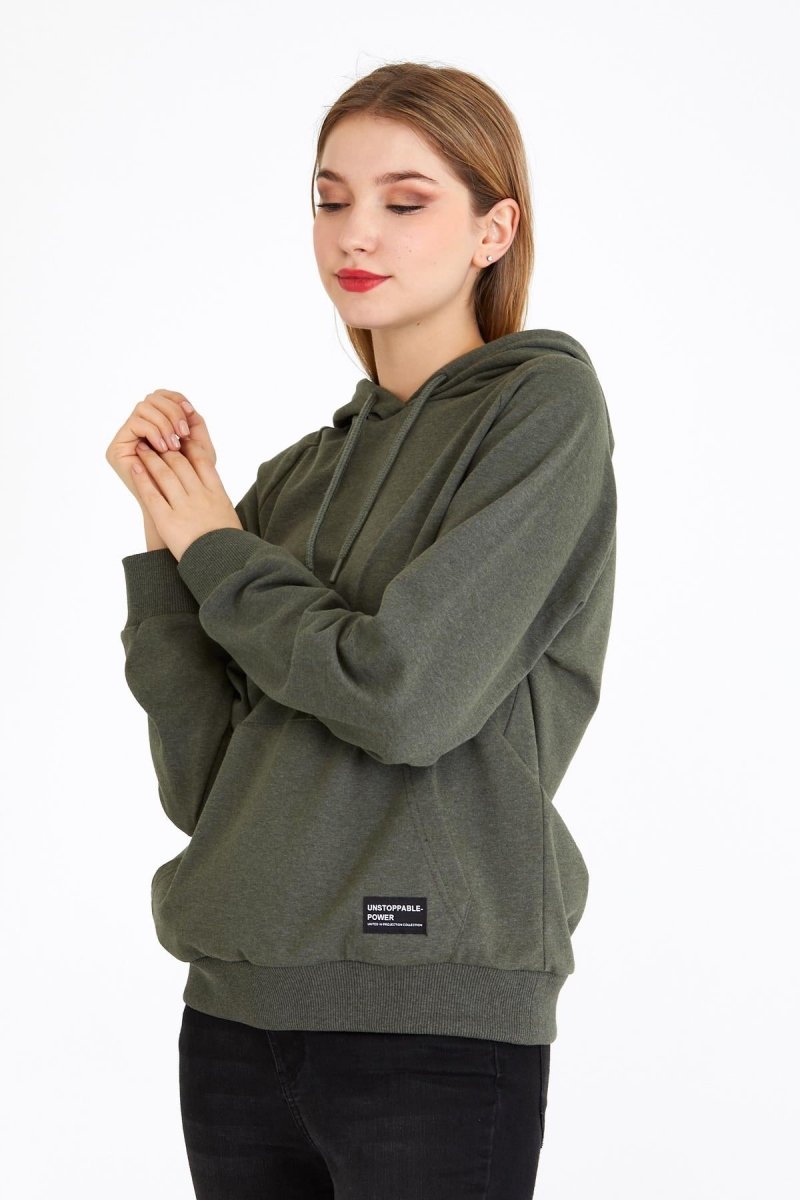 Kadın Haki Renk Kapüşonlu Basic Örme Sweatshirt - MMETALIC