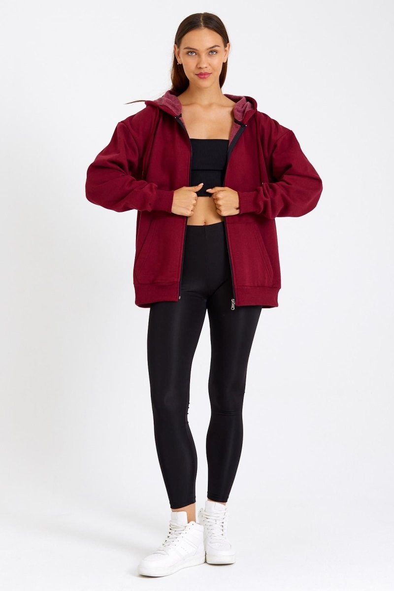 Kadın Kanguru Cepli Kapüşonlu Fermuarlı İçi Polarlı Hırka - MMETALIC