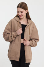 Kadın Kanguru Cepli Kapüşonlu Fermuarlı İçi Polarlı Hırka - MMETALIC