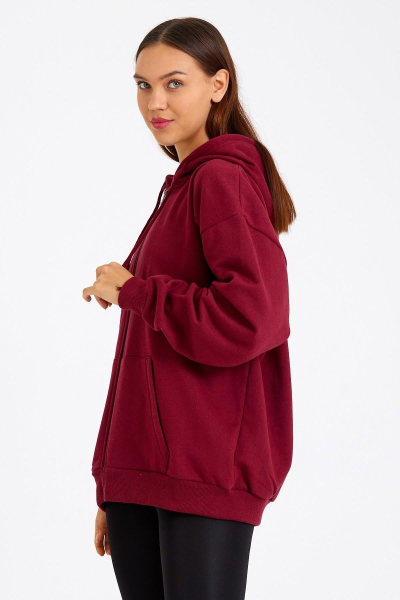 Kadın Kanguru Cepli Kapüşonlu Fermuarlı İçi Polarlı Hırka - MMETALIC
