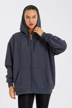 Kadın Kanguru Cepli Kapüşonlu Fermuarlı İçi Polarlı Hırka - MMETALIC