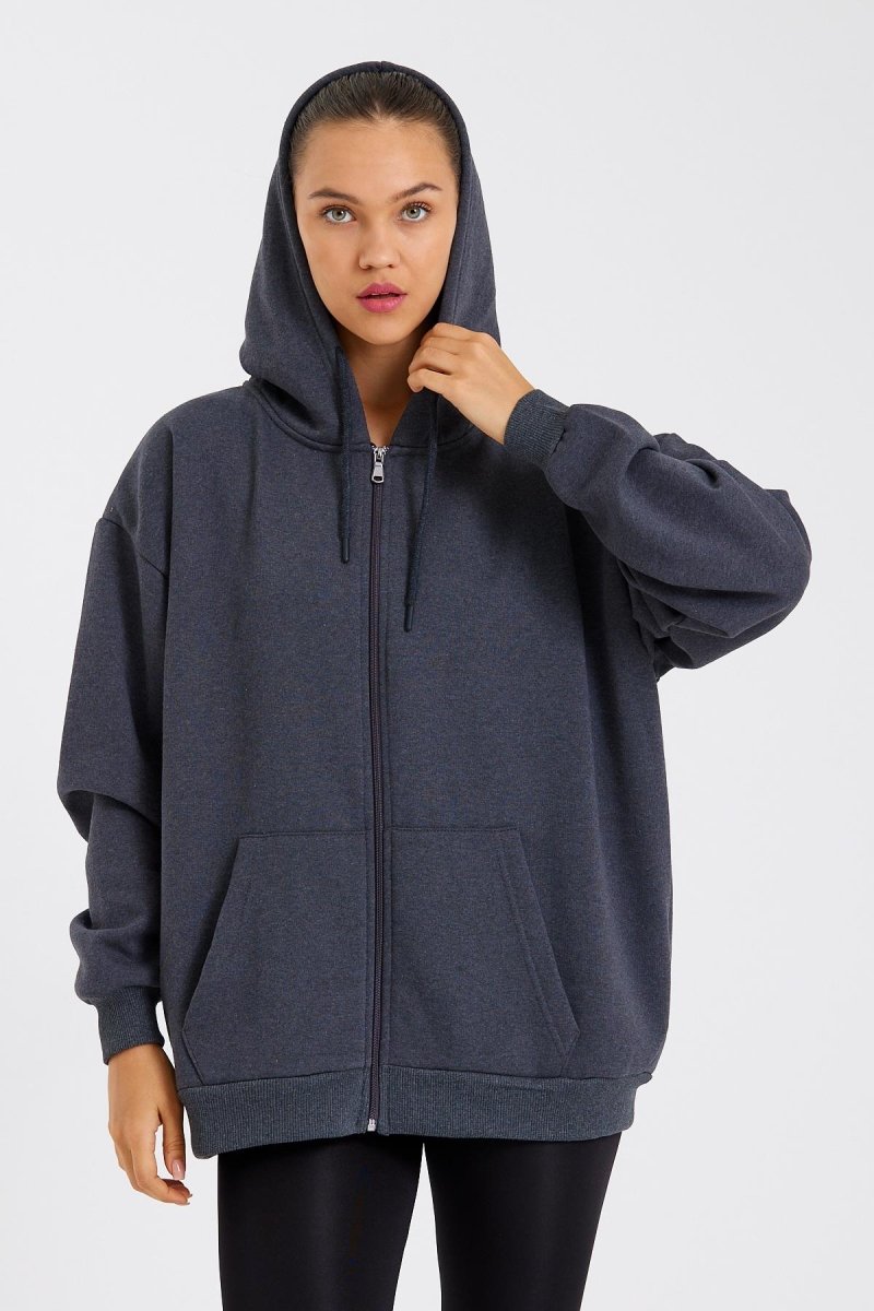 Kadın Kanguru Cepli Kapüşonlu Fermuarlı İçi Polarlı Hırka - MMETALIC