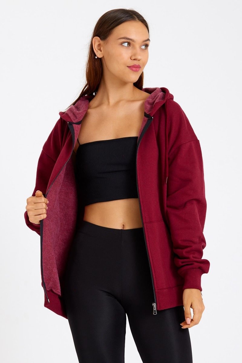 Kadın Kanguru Cepli Kapüşonlu Fermuarlı İçi Polarlı Hırka - MMETALIC