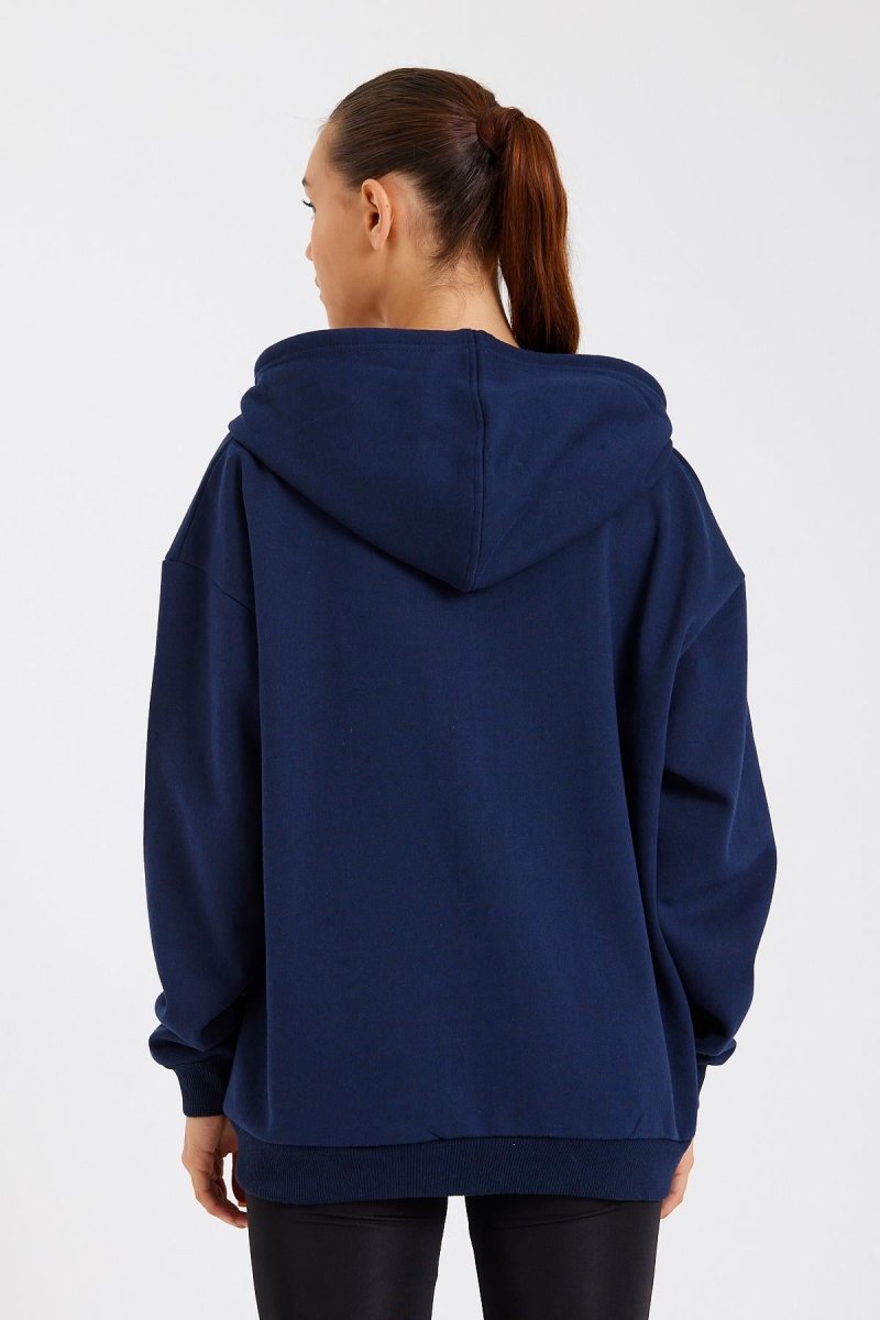 Kadın Kanguru Cepli Kapüşonlu Fermuarlı İçi Polarlı Hırka - MMETALIC