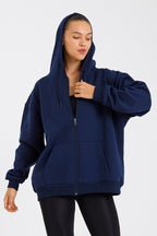 Kadın Kanguru Cepli Kapüşonlu Fermuarlı İçi Polarlı Hırka - MMETALIC