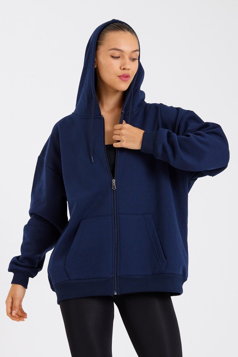 Kadın Kanguru Cepli Kapüşonlu Fermuarlı İçi Polarlı Hırka - MMETALIC