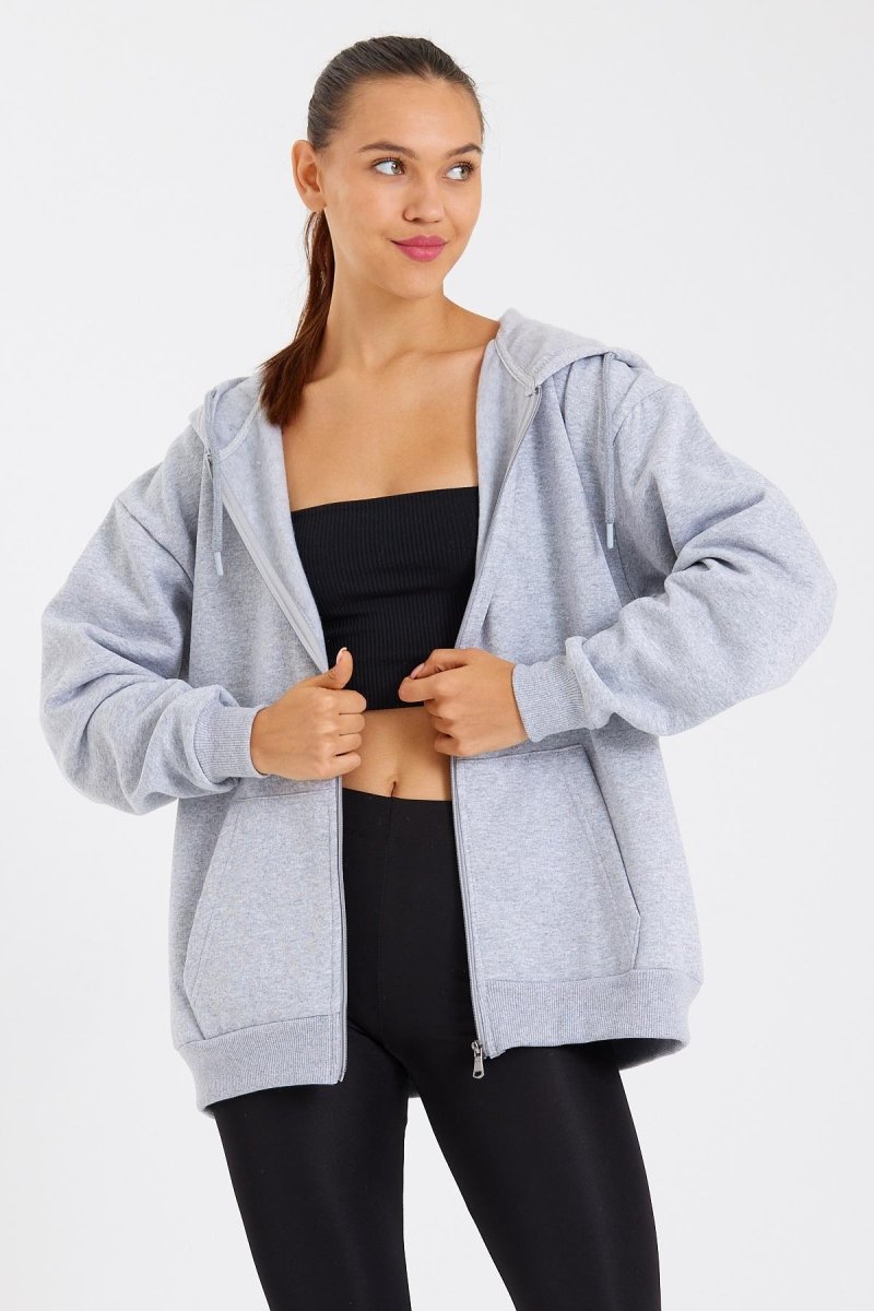 Kadın Kanguru Cepli Kapüşonlu Fermuarlı İçi Polarlı Hırka - MMETALIC