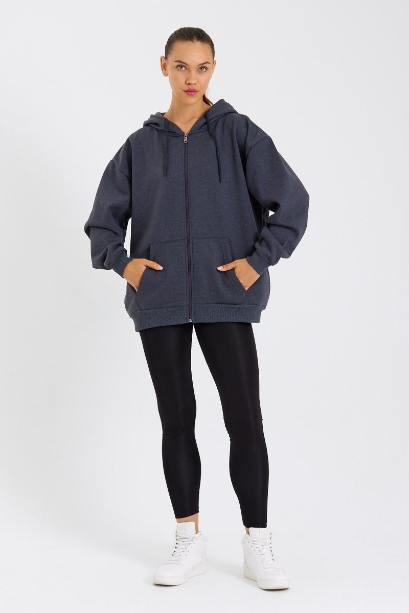 Kadın Kanguru Cepli Kapüşonlu Fermuarlı İçi Polarlı Hırka - MMETALIC