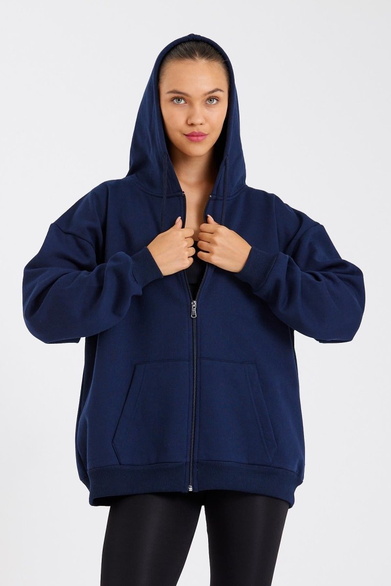 Kadın Kanguru Cepli Kapüşonlu Fermuarlı İçi Polarlı Hırka - MMETALIC