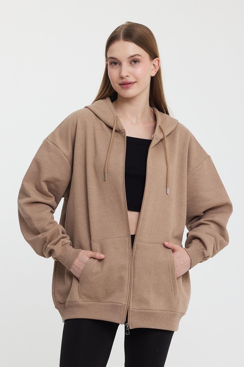 Kadın Kanguru Cepli Kapüşonlu Fermuarlı İçi Polarlı Hırka - MMETALIC