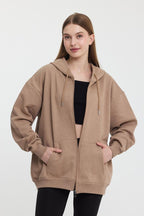 Kadın Kanguru Cepli Kapüşonlu Fermuarlı İçi Polarlı Hırka - MMETALIC