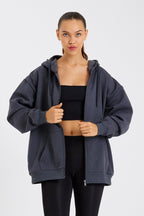 Kadın Kanguru Cepli Kapüşonlu Fermuarlı İçi Polarlı Hırka - MMETALIC