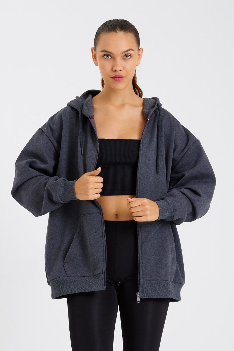 Kadın Kanguru Cepli Kapüşonlu Fermuarlı İçi Polarlı Hırka - MMETALIC