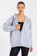 Kadın Kanguru Cepli Kapüşonlu Fermuarlı İçi Polarlı Hırka - MMETALIC