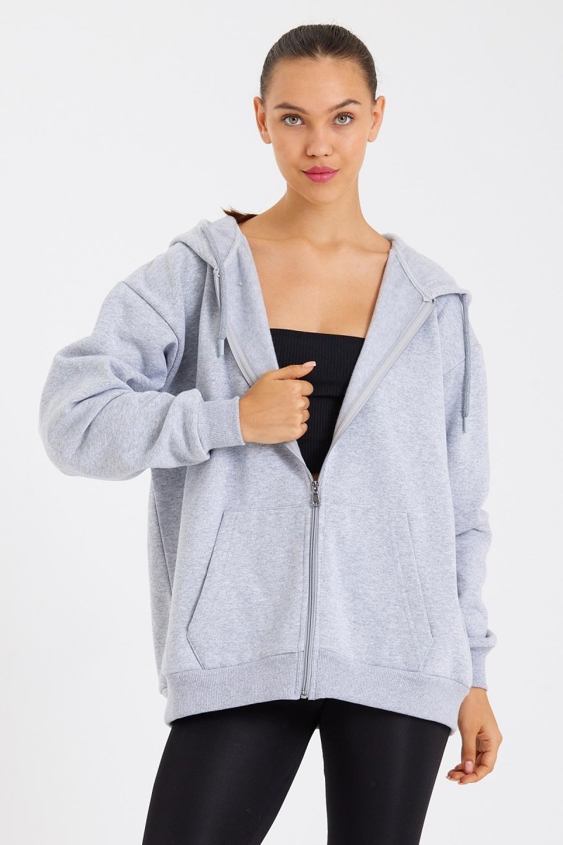 Kadın Kanguru Cepli Kapüşonlu Fermuarlı İçi Polarlı Hırka - MMETALIC