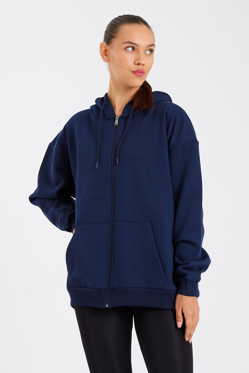 Kadın Kanguru Cepli Kapüşonlu Fermuarlı İçi Polarlı Hırka - MMETALIC