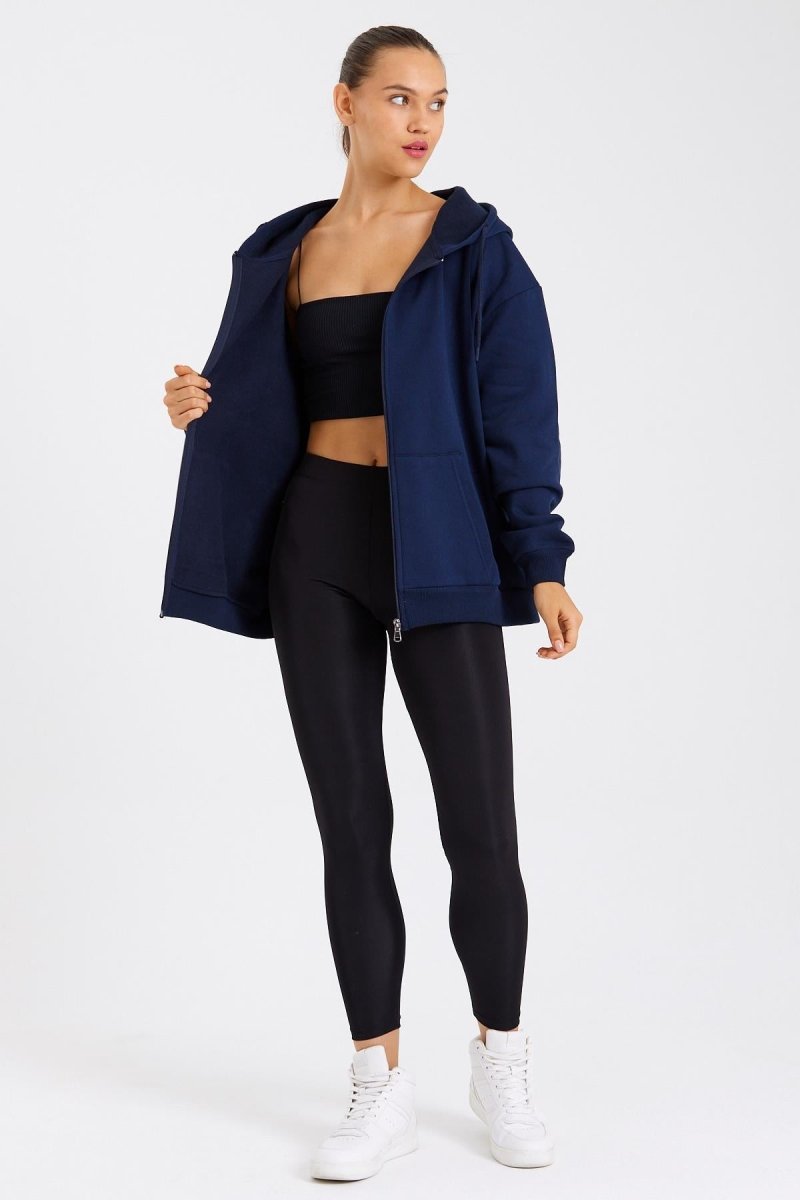 Kadın Kanguru Cepli Kapüşonlu Fermuarlı İçi Polarlı Hırka - MMETALIC