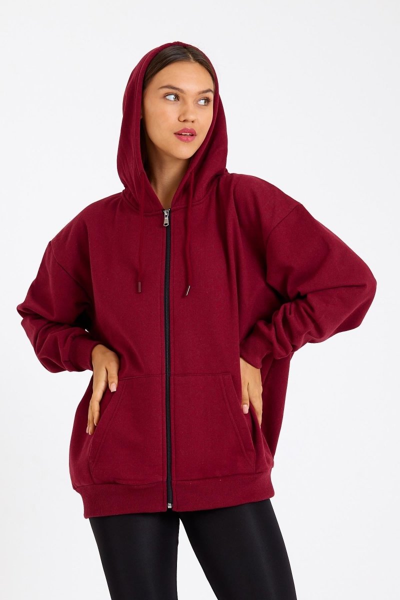 Kadın Kanguru Cepli Kapüşonlu Fermuarlı İçi Polarlı Hırka - MMETALIC