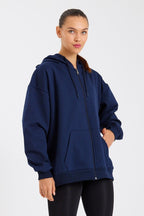 Kadın Kanguru Cepli Kapüşonlu Fermuarlı İçi Polarlı Hırka - MMETALIC