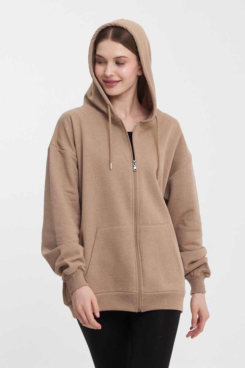 Kadın Kanguru Cepli Kapüşonlu Fermuarlı İçi Polarlı Hırka - MMETALIC