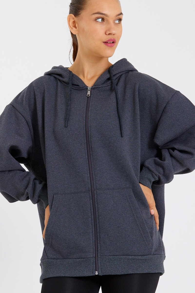 Kadın Kanguru Cepli Kapüşonlu Fermuarlı İçi Polarlı Hırka - MMETALIC