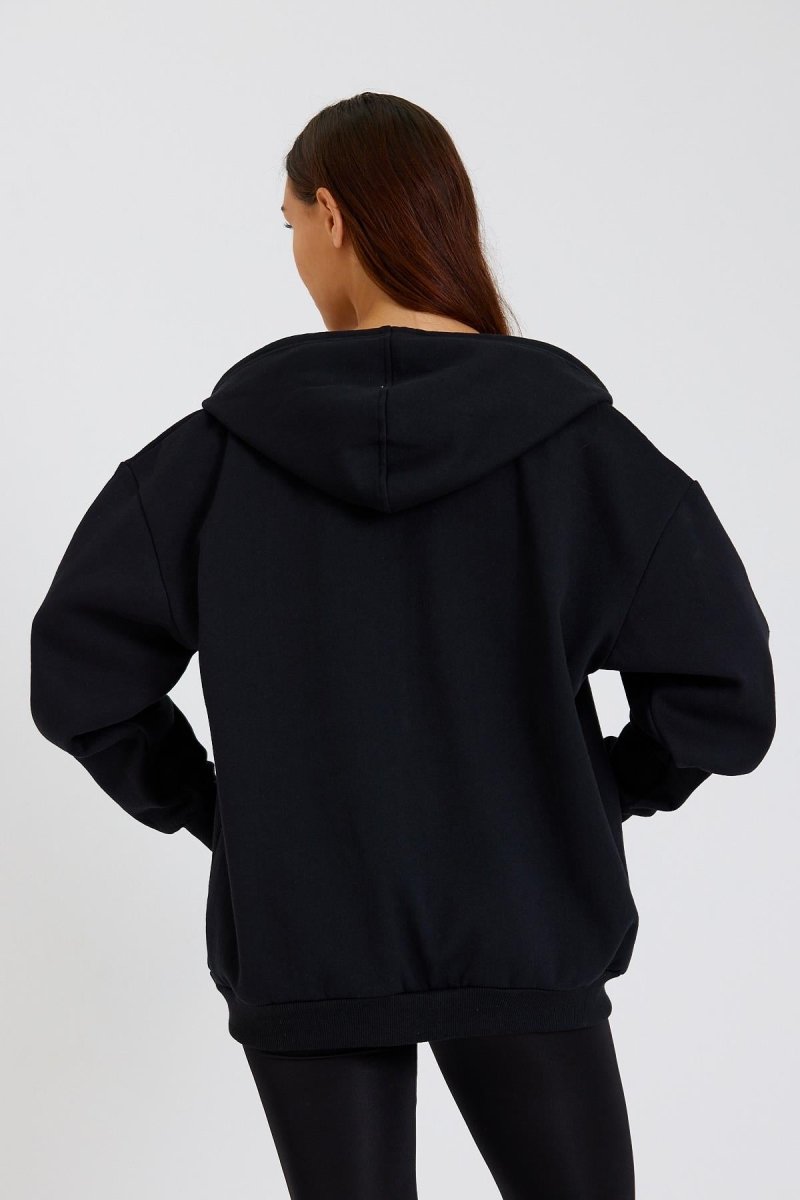 Kadın Kanguru Cepli Kapüşonlu Fermuarlı İçi Polarlı Hırka - MMETALIC