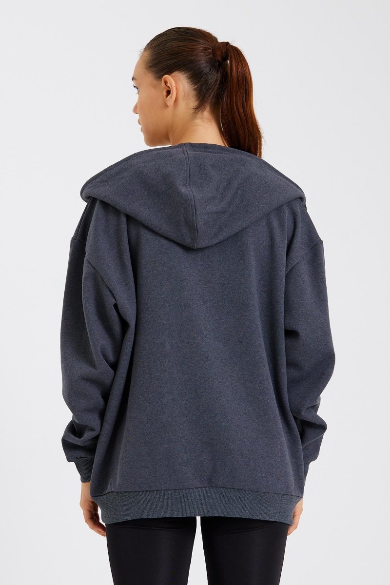 Kadın Kanguru Cepli Kapüşonlu Fermuarlı İçi Polarlı Hırka - MMETALIC