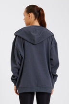 Kadın Kanguru Cepli Kapüşonlu Fermuarlı İçi Polarlı Hırka - MMETALIC