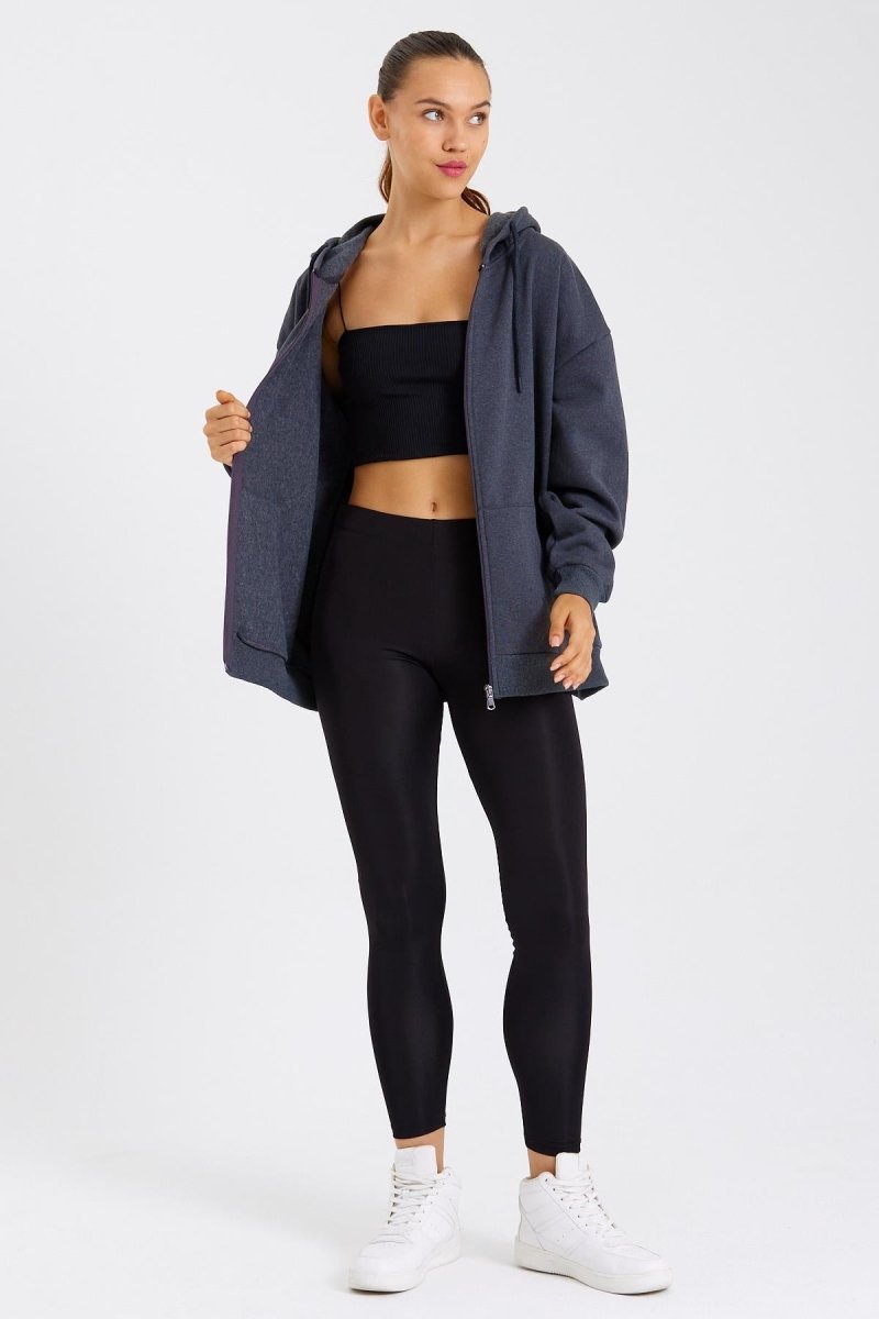 Kadın Kanguru Cepli Kapüşonlu Fermuarlı İçi Polarlı Hırka - MMETALIC