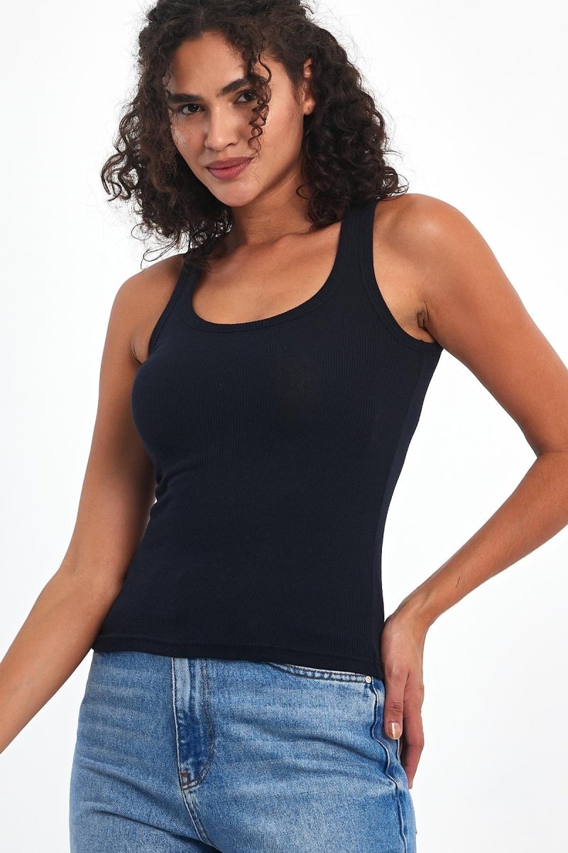 Kadın Lacivert Fitilli Görünümlü Askılı Kalın Basic Atlet - MMETALIC