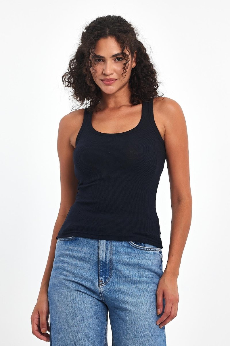 Kadın Lacivert Fitilli Görünümlü Askılı Kalın Basic Atlet - MMETALIC