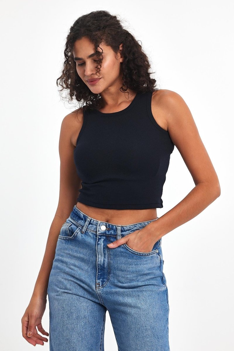 Kadın Lacivert Fitilli Görünümlü Askılı Kalın Esnek Örme Basic Crop Atlet - MMETALIC