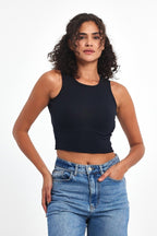 Kadın Lacivert Fitilli Görünümlü Askılı Kalın Esnek Örme Basic Crop Atlet - MMETALIC