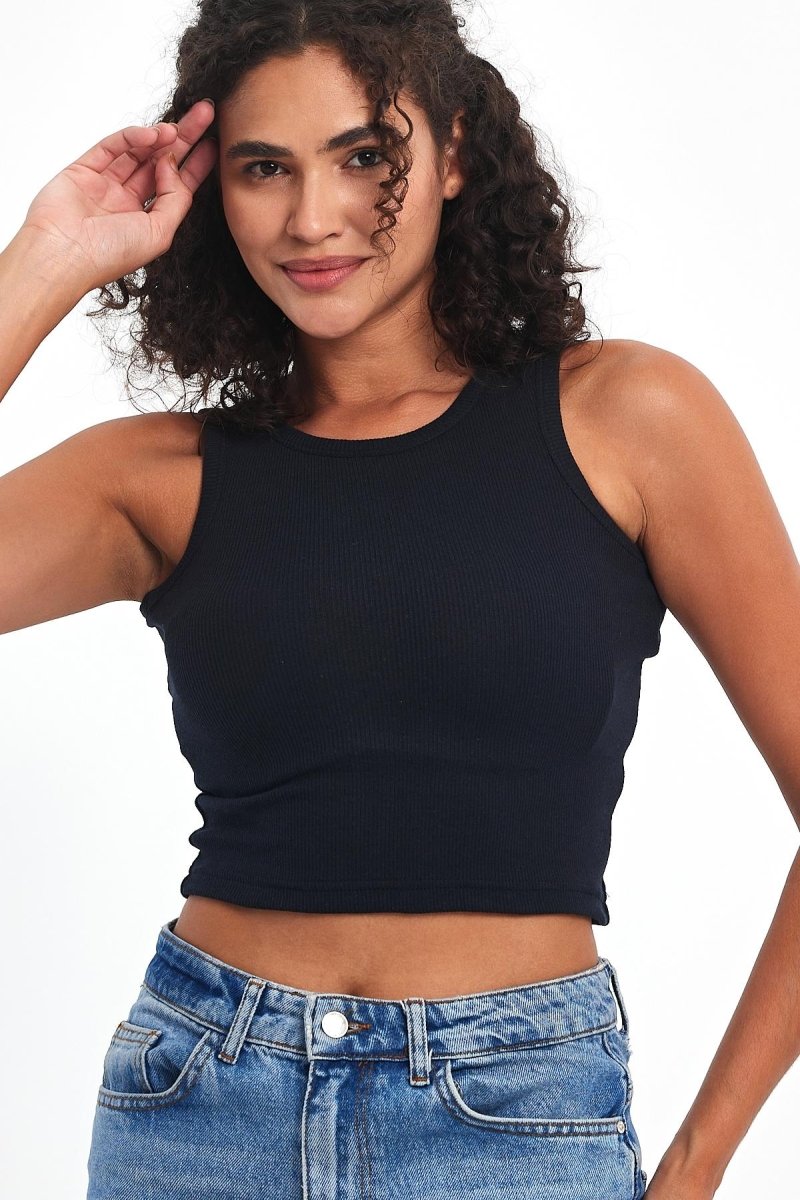 Kadın Lacivert Fitilli Görünümlü Askılı Kalın Esnek Örme Basic Crop Atlet - MMETALIC