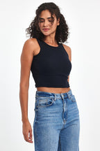 Kadın Lacivert Fitilli Görünümlü Askılı Kalın Esnek Örme Basic Crop Atlet - MMETALIC