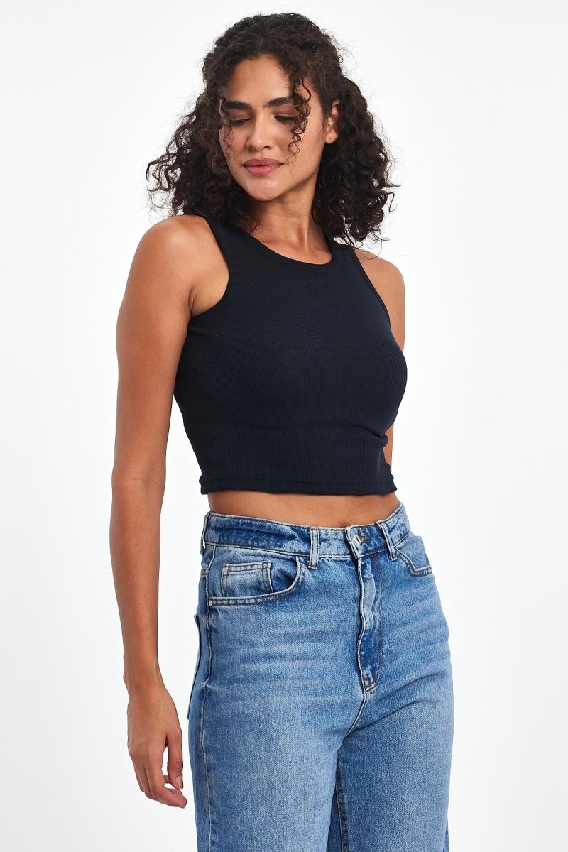 Kadın Lacivert Fitilli Görünümlü Askılı Kalın Esnek Örme Basic Crop Atlet - MMETALIC