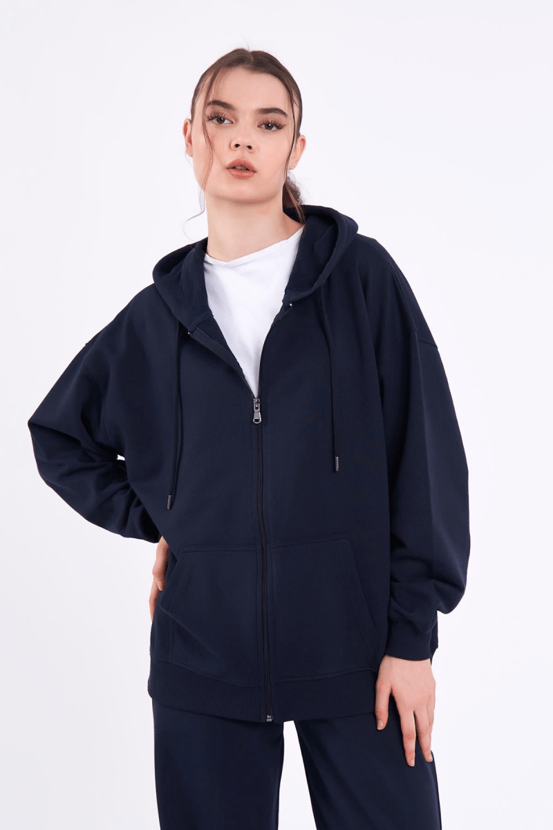 Kadın Lacivert Normal Kalıp Basic Beli Lastikli Kapüşonlu Oversize Mevsimlik Alt Üst Eşofman Takımı - MMETALIC