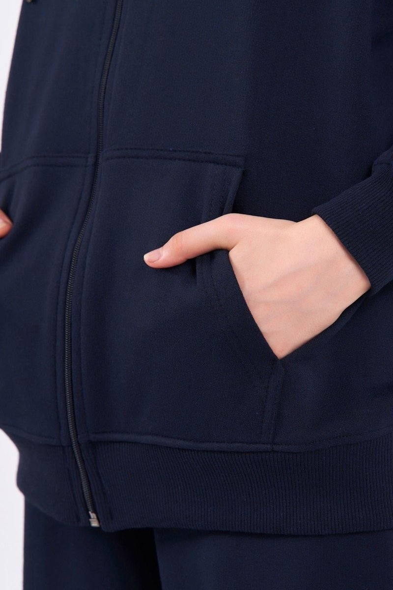 Kadın Lacivert Normal Kalıp Basic Beli Lastikli Kapüşonlu Oversize Mevsimlik Alt Üst Eşofman Takımı - MMETALIC