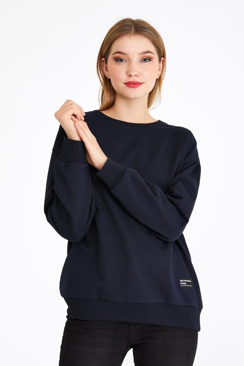 Kadın Lacivert Renk Basic Bisiklet Yaka Sweatshirt - MMETALIC