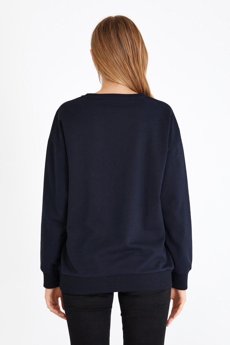 Kadın Lacivert Renk Basic Bisiklet Yaka Sweatshirt - MMETALIC