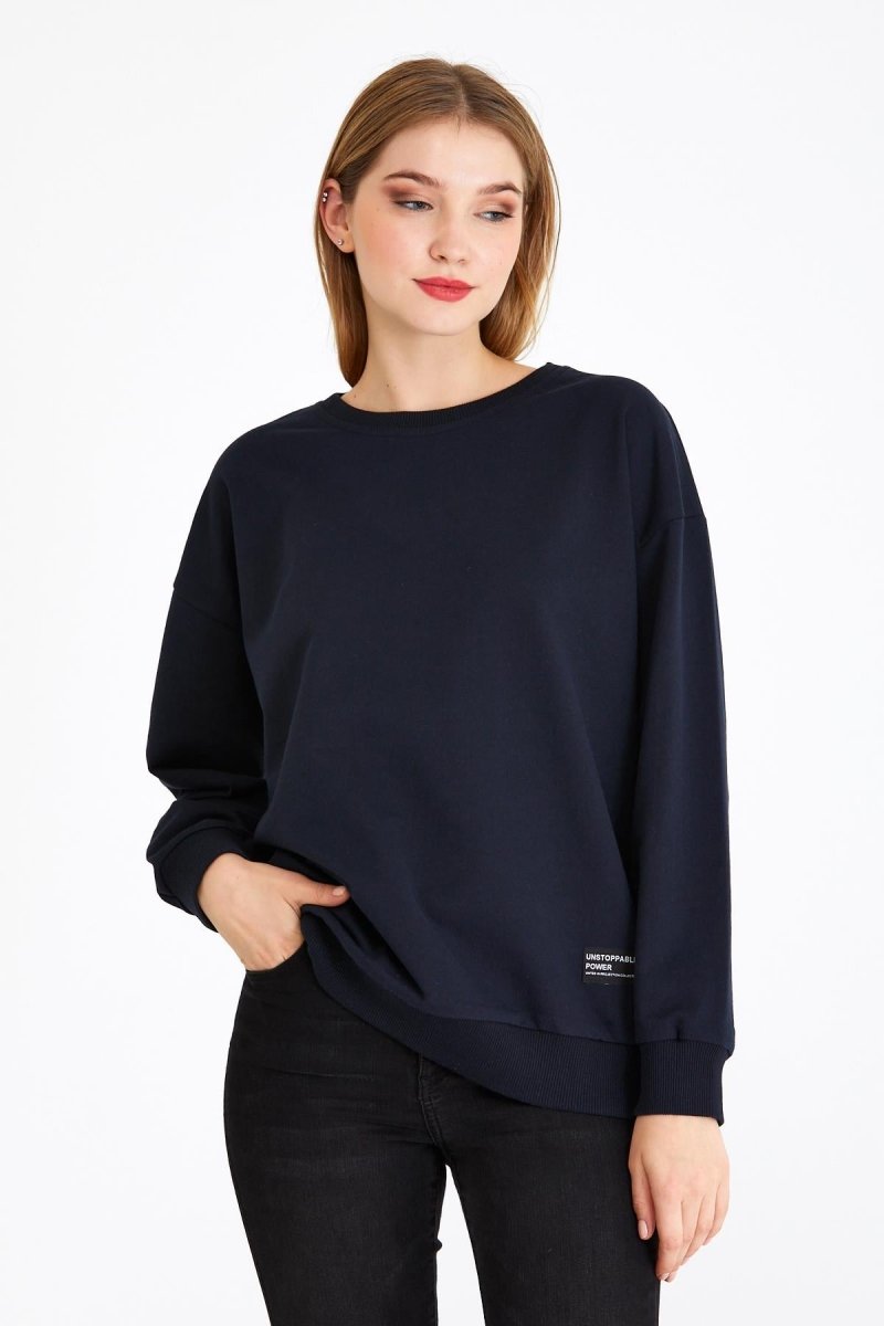 Kadın Lacivert Renk Basic Bisiklet Yaka Sweatshirt - MMETALIC