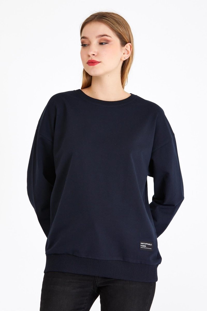 Kadın Lacivert Renk Basic Bisiklet Yaka Sweatshirt - MMETALIC