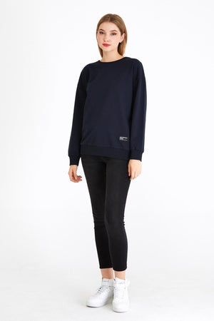 Kadın Lacivert Renk Basic Bisiklet Yaka Sweatshirt - MMETALIC