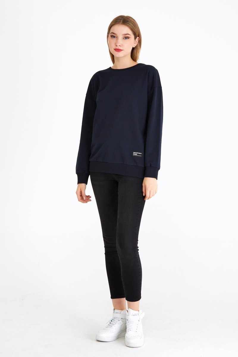 Kadın Lacivert Renk Basic Bisiklet Yaka Sweatshirt - MMETALIC