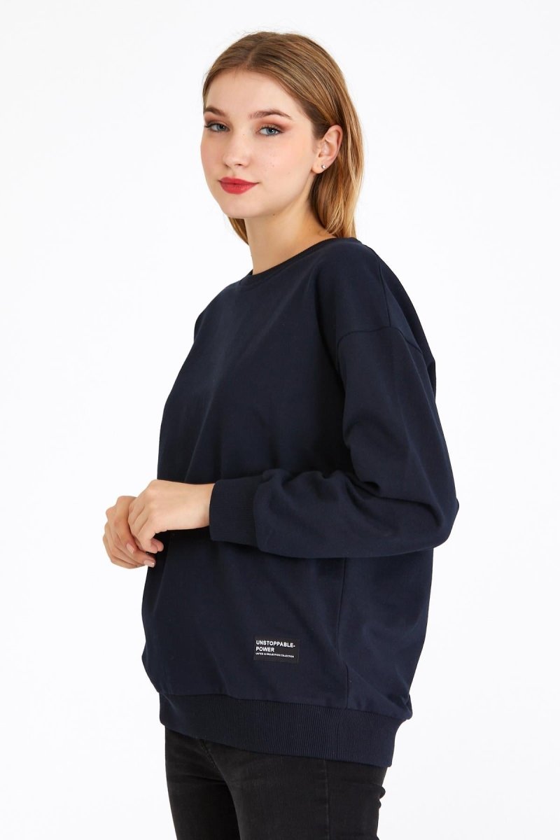 Kadın Lacivert Renk Basic Bisiklet Yaka Sweatshirt - MMETALIC