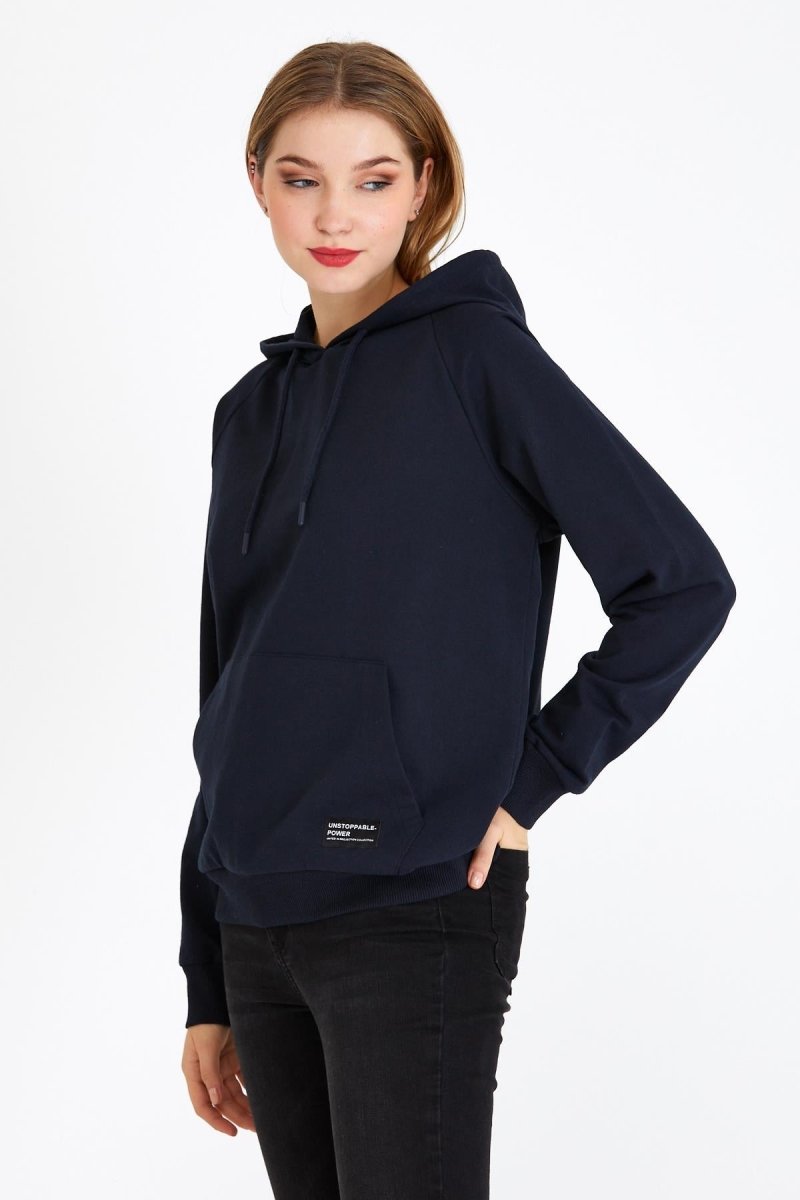 Kadın Lacivert Renk Kapüşonlu Basic Örme Sweatshirt - MMETALIC