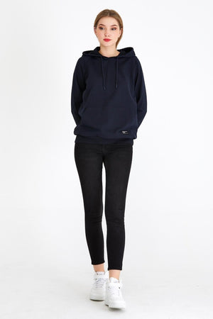 Kadın Lacivert Renk Kapüşonlu Basic Örme Sweatshirt - MMETALIC