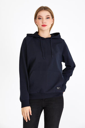 Kadın Lacivert Renk Kapüşonlu Basic Örme Sweatshirt - MMETALIC
