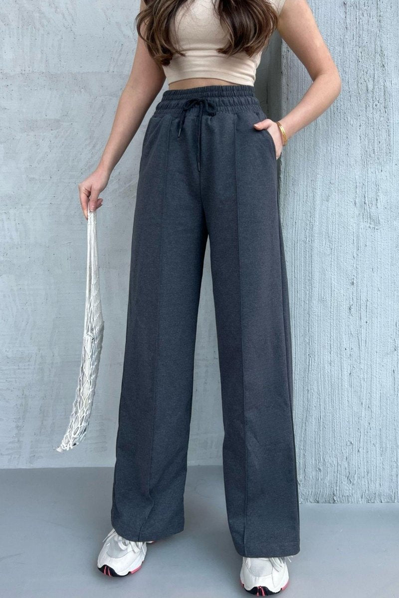 Kadın Mevsimlik Salaş Geniş Paça Yüksek Bel Antrasit Eşofman Altı - MMETALIC